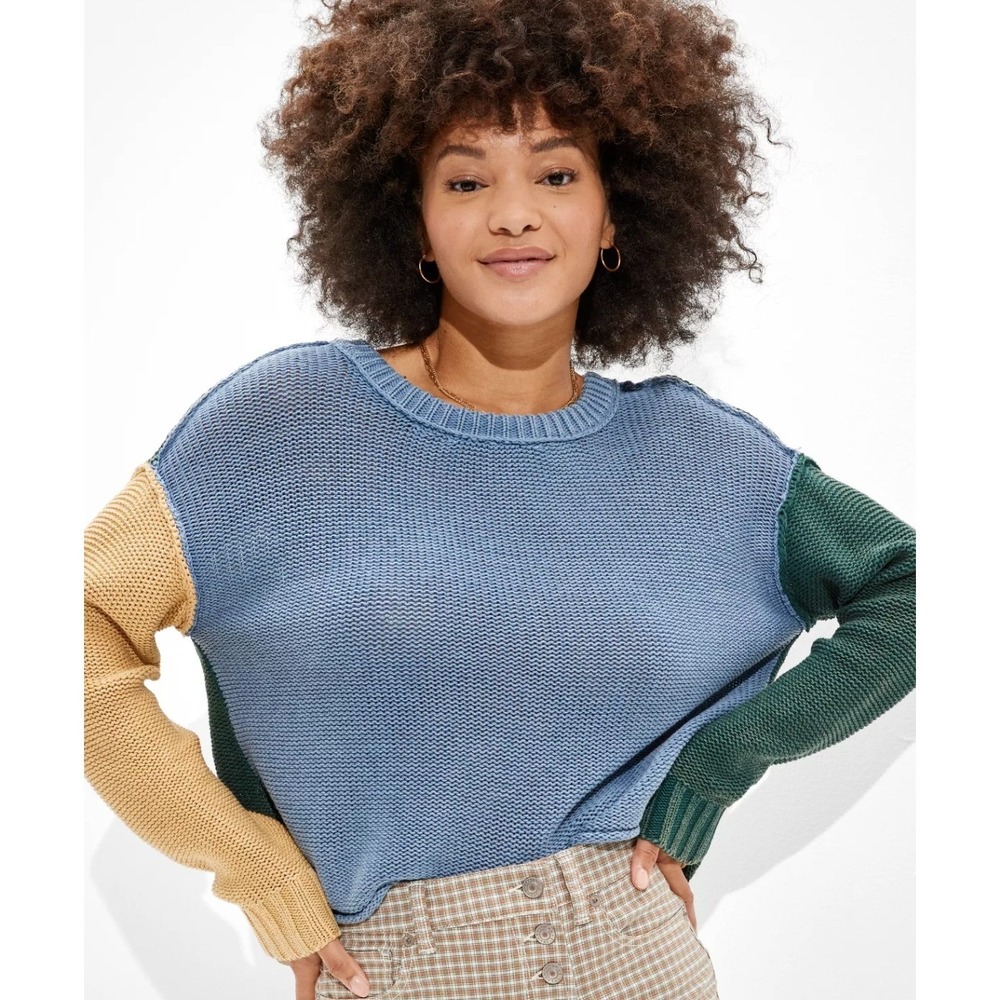 American Eagle Colorblock Easy Crewneck Sweater Cotton Knit Summer Size XS